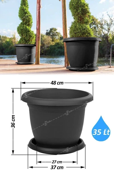35 litre Ø48x36cm Büyük Boy Yuvarlak Mat Plastik Saksı Villa No10 Tabaklı Antrasit Gri-35L - TOXA (1)