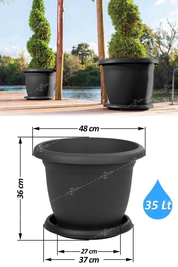 35 litre Ø48x36cm Büyük Boy Yuvarlak Mat Plastik Saksı Villa No10 Tabaklı Antrasit Gri - 35L - 5