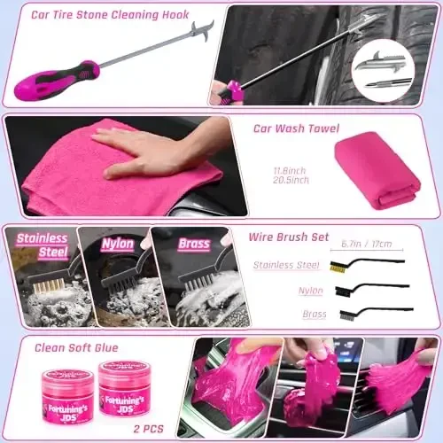 35PCS Car Detailing Kit Interior Cleaner with High Power Handheld Vacuum,Car Wash kit with Detailing Brush Set,Car Interior Detailing Kit,Pink Car Accessories for Motorcycle,Cars Gifts for Women - 5