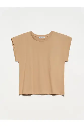 3504 %100 Pamuk Bisiklet Yaka Penye T-shirt-Bej-Bej 