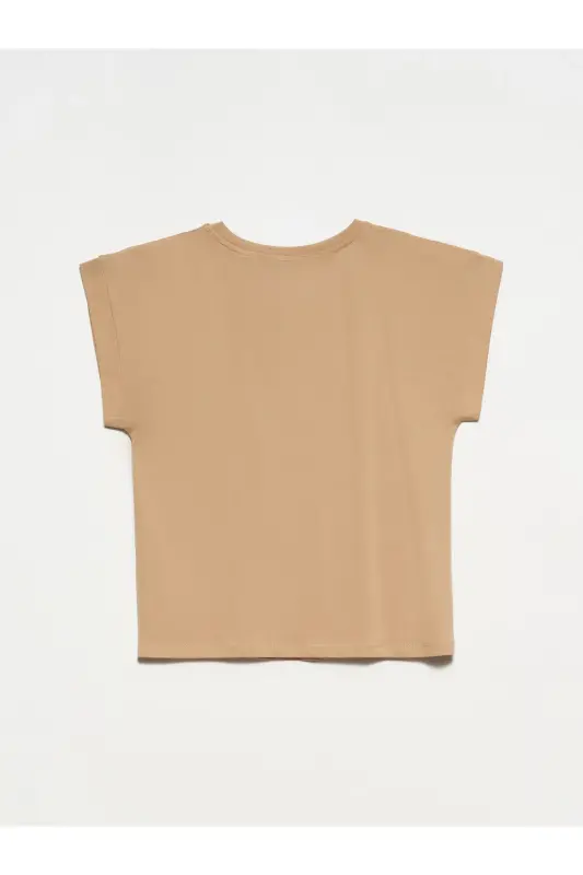 3504 %100 Pamuk Bisiklet Yaka Penye T-shirt-Bej-Bej - 2