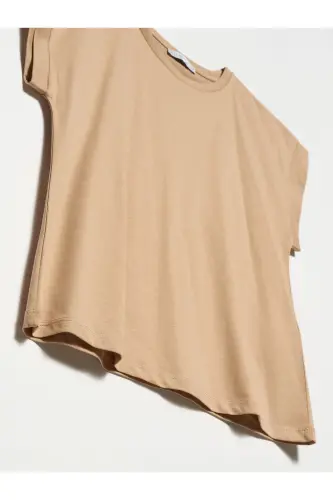 3504 %100 Pamuk Bisiklet Yaka Penye T-shirt-Bej-Bej - 3