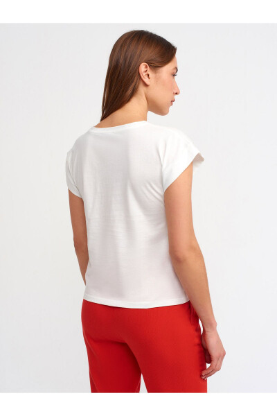 3504 Bisiklet Yaka Penye T-Shirt-Ekru-Ekru - 6