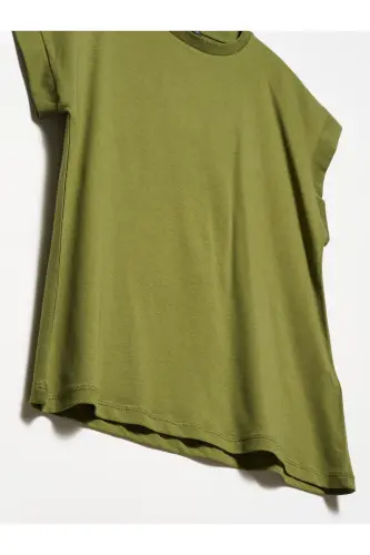 3504 Bisiklet Yaka Pamuklu T-shirt-haki-Haki - 3