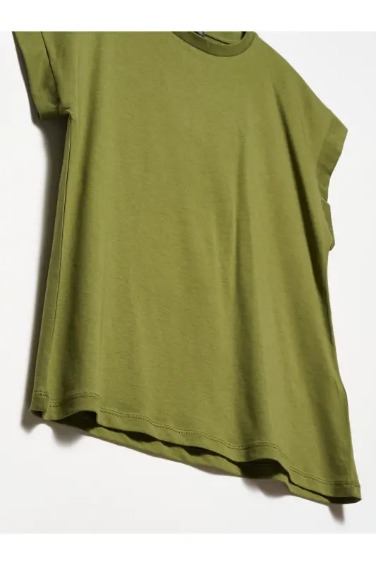 3504 Bisiklet Yaka Pamuklu T-shirt-haki-Haki - 3
