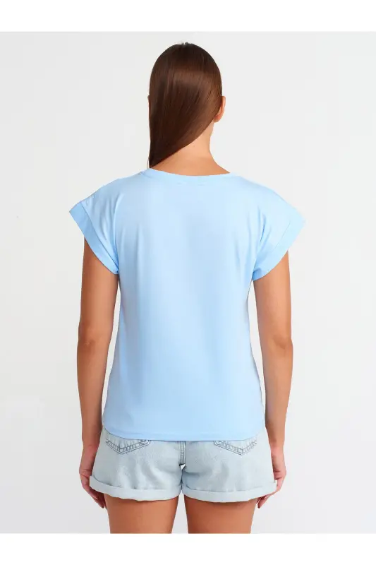 3504 Bisiklet Yaka Penye T-shırt-AÇIK MAVİ - LİGHT BLUE - 2