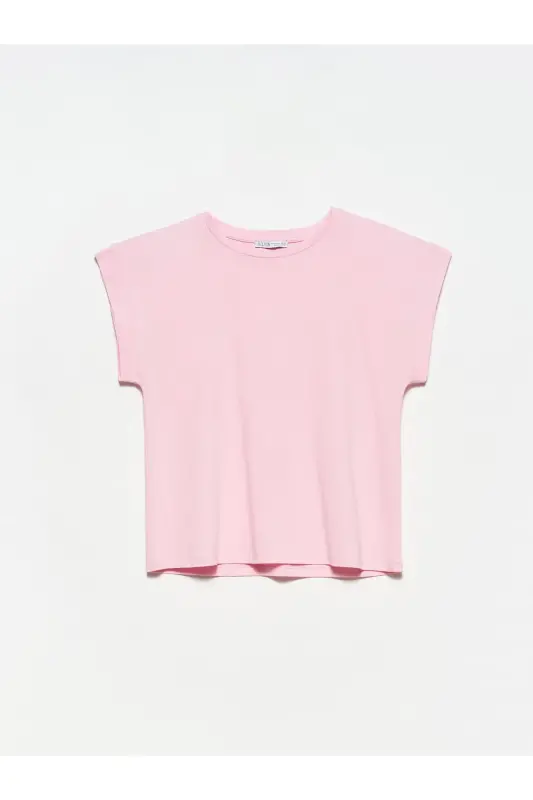 3504 Bisiklet Yaka Penye T-shırt-açık Pembe-Açık Pembe - 1