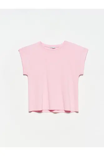 3504 Bisiklet Yaka Penye T-shırt-açık Pembe-Açık Pembe - DILVIN (1)