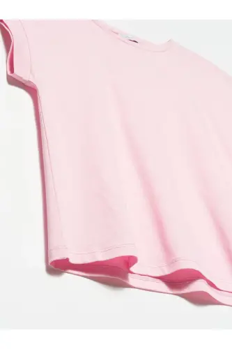 3504 Bisiklet Yaka Penye T-shırt-açık Pembe-Açık Pembe - 4
