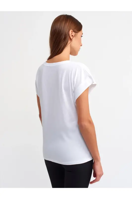 3504 Bisiklet Yaka Penye T-shırt-beyaz - WHİTEE - 2