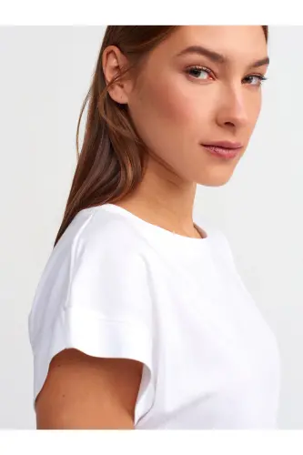 3504 Bisiklet Yaka Penye T-shırt-BEYAZ - WHİTEEE - 3