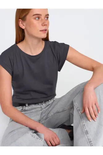 3504 Bisiklet Yaka Penye T-Shirt-Koyu Antr.-Koyu Antr. 
