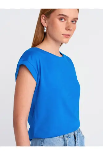 3504 Bisiklet Yaka Penye T-Shirt-Koyu Saks-Koyu Saks 