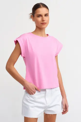 3504 Bisiklet Yaka Penye T-Shirt-Pembe-Pembe 