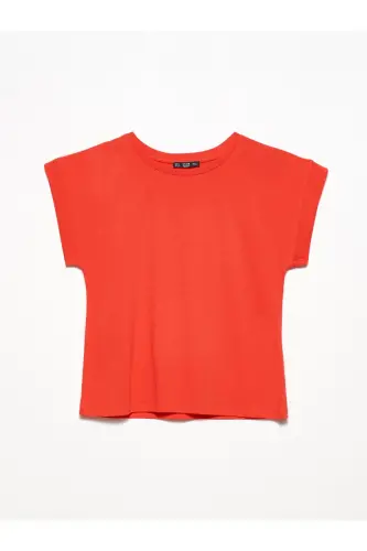 3504 Doira shaklid bo'yinli paxta T-shirt - Qizil 