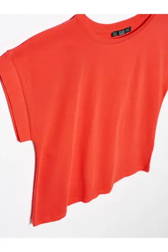 3504 Doira shaklid bo'yinli paxta T-shirt - Qizil - 3