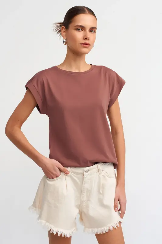 3504 Velo Yaka Vatkali T-shirt - Jigarrang - DILVIN