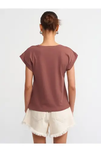 3504 Velo Yaka Vatkali T-shirt - Jigarrang - 3