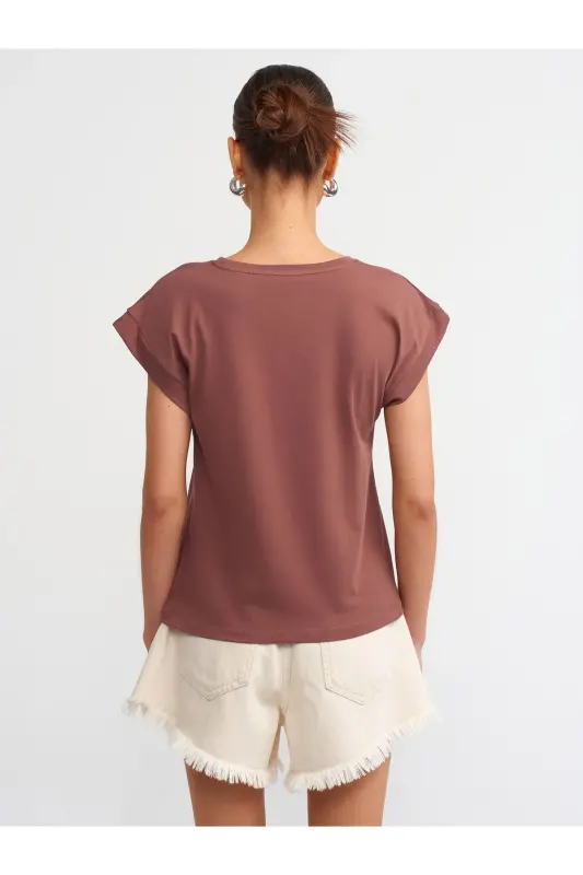 3504 Velo Yaka Vatkali T-shirt - Jigarrang - 3