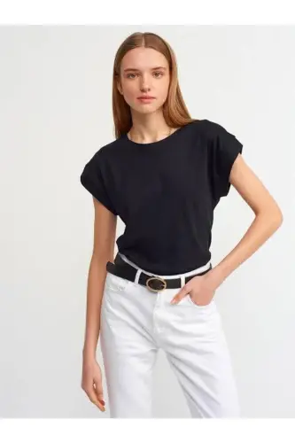 3504 Yumaloq yoqa T-shirt-qora - qora - 1