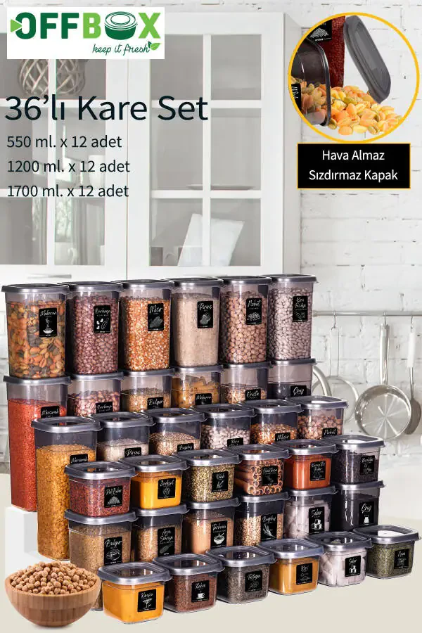 36 Adet 72 Parça 0,55-1,2-1,7 Litre Kare Erzak Bakliyat Saklama Kabı Seti 40 Etiket Hediyeli-ANTRASİT - 9