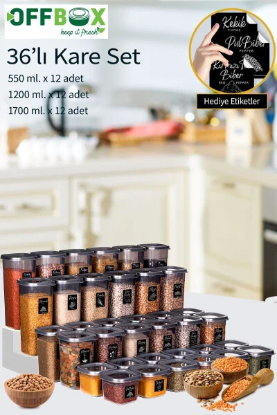 36 Adet 72 Parça 0,55-1,2-1,7 Litre Kare Erzak Bakliyat Saklama Kabı Seti 40 Etiket Hediyeli-ANTRASİT - 10