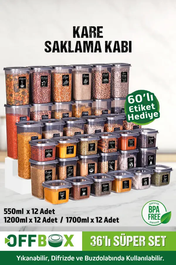 36 Adet 72 Parça 0,55-1,2-1,7 Litre Kare Erzak Bakliyat Saklama Kabı Seti 40 Etiket Hediyeli-ANTRASİT - 2