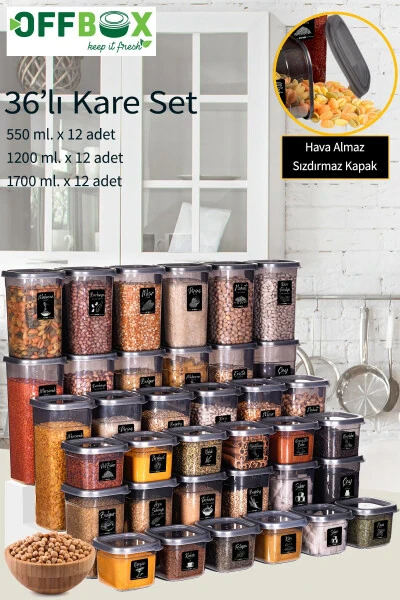 36 Adet 72 Parça 0,55-1,2-1,7 Litre Kare Erzak Bakliyat Saklama Kabı Seti 40 Etiket Hediyeli-ANTRASİT - 3