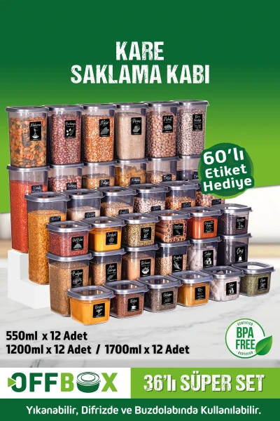 36 Adet 72 Parça 0,55-1,2-1,7 Litre Kare Erzak Bakliyat Saklama Kabı Seti 40 Etiket Hediyeli-ANTRASİT - OFFBOX