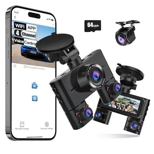 360 Darajali Oldingi va Orqa Ichki Dash Cam, Avtomobillar uchun 4 Kanal Dash Kamera FHD 1080Px4, O'rnatilgan Wi-Fi, 3.16” IPS Ekran, WDR Kechasi Ko'rish, 64GB Kart Kirgan, 24 Soatlik To'xtash Rejimi - 1