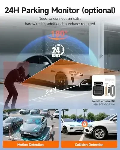 360 Darajali Oldingi va Orqa Ichki Dash Cam, Avtomobillar uchun 4 Kanal Dash Kamera FHD 1080Px4, O'rnatilgan Wi-Fi, 3.16” IPS Ekran, WDR Kechasi Ko'rish, 64GB Kart Kirgan, 24 Soatlik To'xtash Rejimi - 6