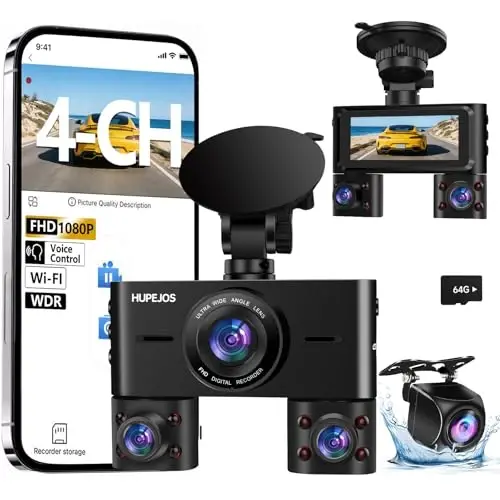 360 Darajali Oldingi va Orqa Ichki Dash Cam, Avtomobillar uchun 4 Kanal Dash Kamera FHD 1080Px4, O'rnatilgan Wi-Fi, 3.16” IPS Ekran, WDR Kechasi Ko'rish, 64GB Kart Kirgan, 24 Soatlik To'xtash Rejimi 