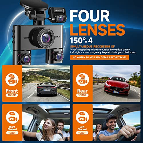 360° Dash Cam, 4 Channel Front and Rear Inside Dashcam, Car Camera FHD 1080Px4, Free 128GB Card, Built-in Wi-Fi Dash Camera for Cars, Night Vision, WDR, 3.16'' IPS Screen, 24H Parking Mode, V7 - 10