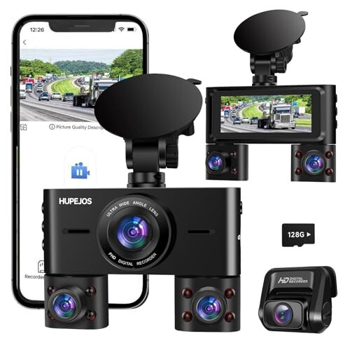 360° Dash Cam, 4 Kanal Oldingi va Orqa Ichki Dashcam, Avtomobil Kamerasi FHD 1080Px4, Bepul 128GB Karta, Avtomobillar uchun O'rnatilgan Wi-Fi Dash Kamera, Kechasi Ko'rish, WDR, 3.16'' IPS Ekran, 24 soatlik To'xtash Rejimi, V7 - 3