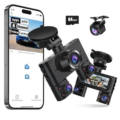 360° Dash Cam Front and Rear Inside, 4 Channel Dash Camera for Cars FHD 1080Px4, Built-in Wi-Fi, 3.16” IPS Screen, WDR Night Vision, Voice Control, Included 64GB Card, 24H Parking Mode - 1