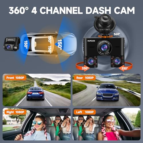 360° Dash Cam, 4-канальная передняя и задняя внутренняя Dashcam, автомобильная камера FHD 1080Px4, бесплатная карта 128 ГБ, встроенная Wi-Fi Dash Camera для автомобилей, ночное видение, WDR, 3,16'' IPS экран, режим парковки 24 часа, V7 - 4