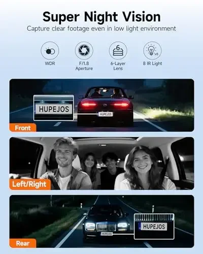 360° Dash Cam, 4-канальная передняя и задняя внутренняя Dashcam, автомобильная камера FHD 1080Px4, бесплатная карта 128 ГБ, встроенная Wi-Fi Dash Camera для автомобилей, ночное видение, WDR, 3,16'' IPS экран, режим парковки 24 часа, V7 - 4