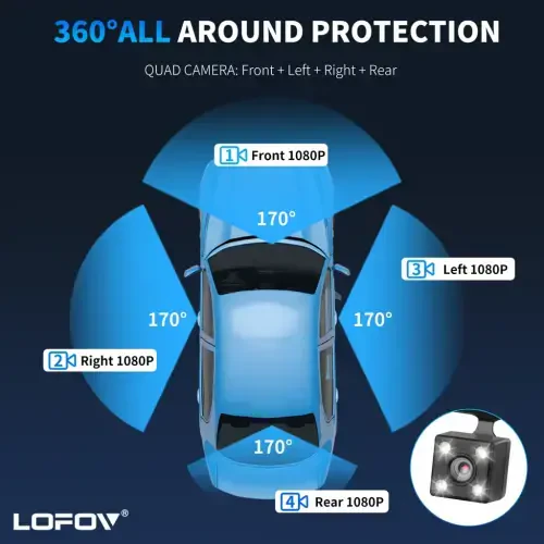 360° Dash Cam Oldin va Orqa Ichki,LOFOV 4 Kanal Kamera FHD 1080P,Oldin Chap O'ng va Orqa,64GB SD Karta Bepul,Avtomobillar Uchun Multi-Ch Dash Kamera,Qora Quti Trafik Rekorder,Tungi Ko'rish,24 soatlik To'xtash Rejimi - 13