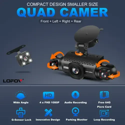 360° Dash Cam Передняя и задняя внутренняя камера,LOFOV 4-канальная камера FHD 1080P,передняя левая правая и задняя,бесплатная карта памяти SD на 64 ГБ,многоканальная видеорегистратор для автомобилей,черный ящик регистратор движения,ночное видение,режим парковки 24/7 - 10