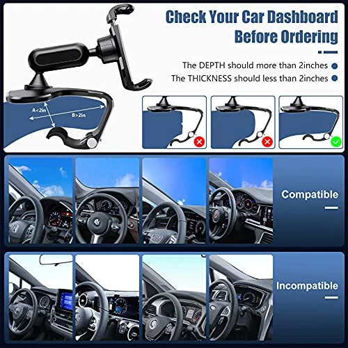 360 Degree Rotation Dashboard Cell Phone Holder for Car Clip Mount Stand Suitable for 4 to 7 inch Smartphones (Black) - 5