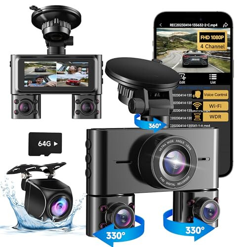 360 Derece Ön ve Arka İç Dash Cam, Arabalar İçin 4 Kanallı Dash Kamera FHD 1080Px4, Dahili Wi-Fi, 3.16” IPS Ekran, WDR Gece Görüşü, 64GB Kart Dahil, 24 Saat Park Modu - 1