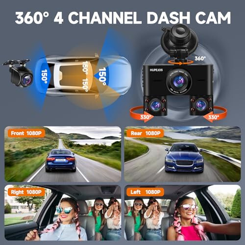 360 Derece Ön ve Arka İç Dash Cam, Arabalar İçin 4 Kanallı Dash Kamera FHD 1080Px4, Dahili Wi-Fi, 3.16” IPS Ekran, WDR Gece Görüşü, 64GB Kart Dahil, 24 Saat Park Modu - 4