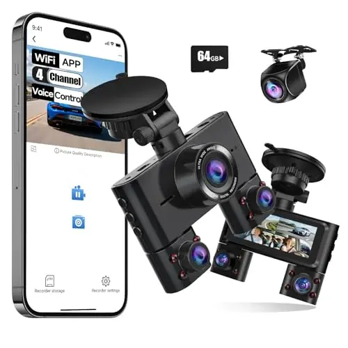 360° Dash Cam Front and Rear Inside, 4 Channel Dash Camera for Cars FHD 1080Px4, Built-in Wi-Fi, 3.16” IPS Screen, WDR Night Vision, Voice Control, Included 64GB Card, 24H Parking Mode - 1