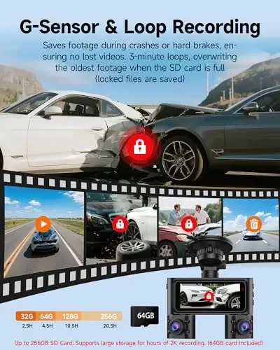 360° Dash Cam Front and Rear Inside, 4 Channel Dash Camera for Cars FHD 1080Px4, Built-in Wi-Fi, 3.16” IPS Screen, WDR Night Vision, Voice Control, Free 64GB Card, 24H Parking Mode - 4