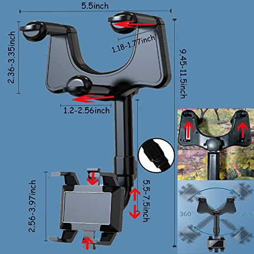 360° Dönebilen ve Çekilebilir Araba Telefon Tutucu Araba Dikiz Aynası Braketi, Çok Fonksiyonlu Ayarlanabilir Evrensel Telefon Tutucu, Tüm Akıllı Telefonlar ve Arabalar için Evrensel Telefon GPS Tutucu Telefon Montaj Tutucu - 2