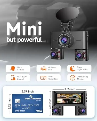 360-градусная передняя и задняя внутренняя камера, 4-канальная видеорегистратор для автомобилей FHD 1080Px4, встроенный Wi-Fi, 3,16” IPS-экран, ночное видение WDR, карта 64 ГБ в комплекте, режим парковки 24 часа - 1