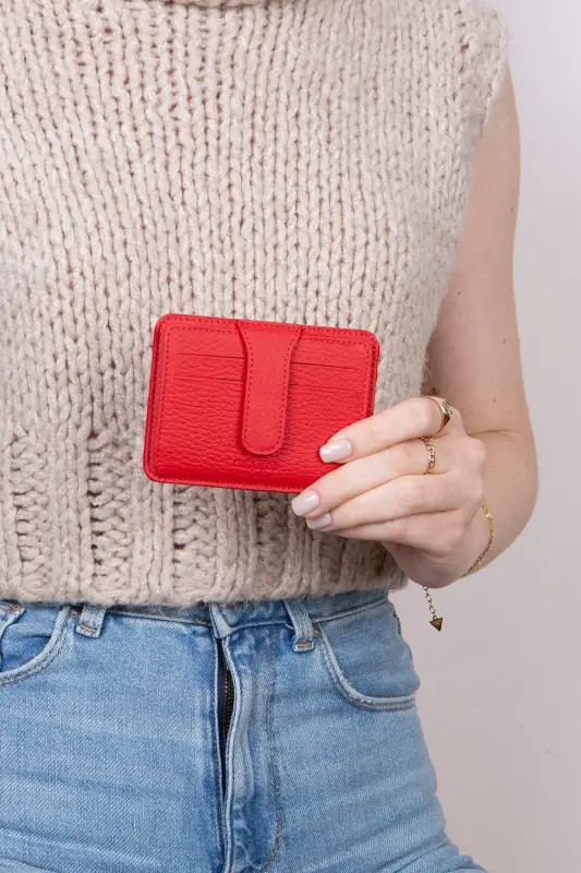 3607 Genuine Real Leather Women Men Card Holder Wallet Red-Natural Red - 7