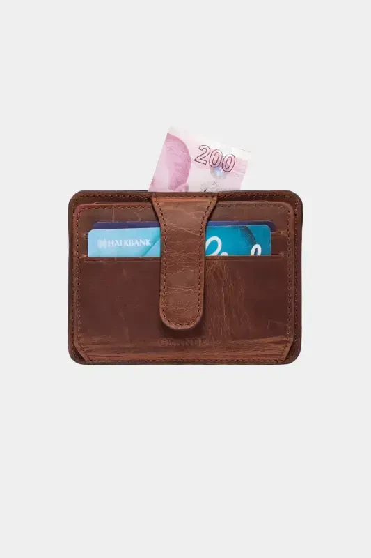 3607 Hakiki Gerçek Deri Kadın Erkek Kartlık Cüzdan Eskitme Taba-Crazy Taba - 4