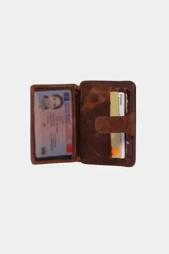 3607 Hakiki Gerçek Deri Kadın Erkek Kartlık Cüzdan Eskitme Taba-Crazy Taba - 6