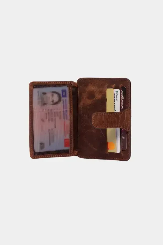 3607 Hakiki Gerçek Deri Kadın Erkek Kartlık Cüzdan Eskitme Taba-Crazy Taba - 6